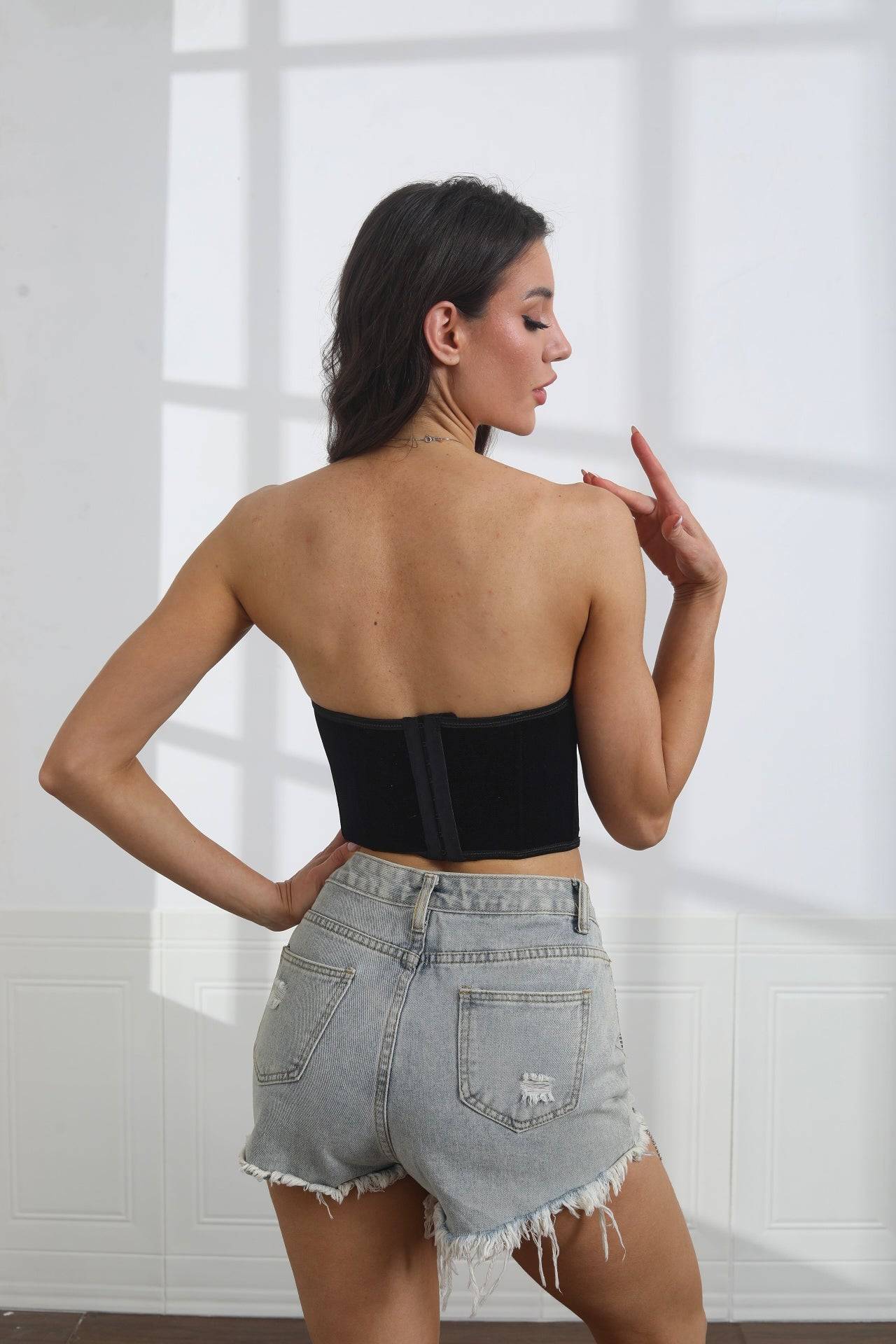 Women's Shapewear Casual Floral Decor Tube Top With Criss-Cross Back And Rhinestones