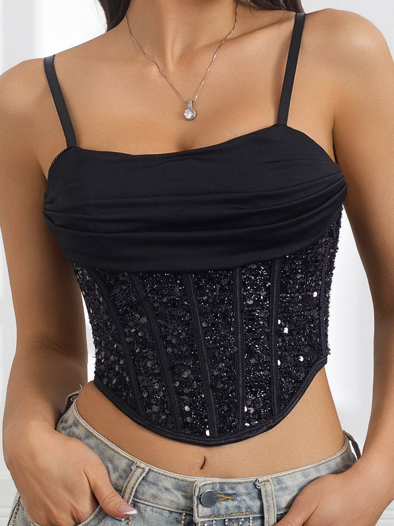 Women Push Up Bustier Rhinestone Diamond Glitter Spaghetti Strap Corset Crop Top