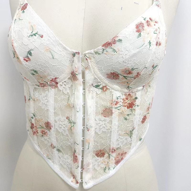 Corset Tops,Women Sexy Corsets Elegant Apricot Floral Lace Bustier Corset Top Summer Slim Spaghetti Straps Boned Push Up Crop Tops Bra Y2K See Through Camis Vest Streetwear