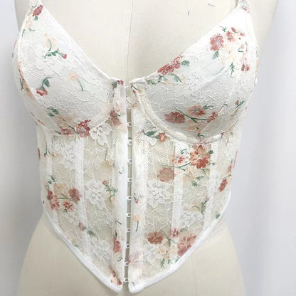 Corset Tops,Women Sexy Corsets Elegant Apricot Floral Lace Bustier Corset Top Summer Slim Spaghetti Straps Boned Push Up Crop Tops Bra Y2K See Through Camis Vest Streetwear