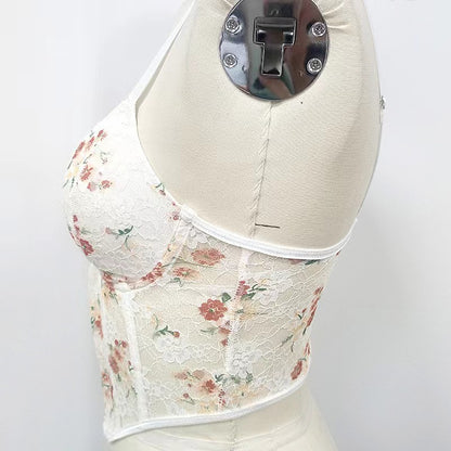Corset Tops,Women Sexy Corsets Elegant Apricot Floral Lace Bustier Corset Top Summer Slim Spaghetti Straps Boned Push Up Crop Tops Bra Y2K See Through Camis Vest Streetwear