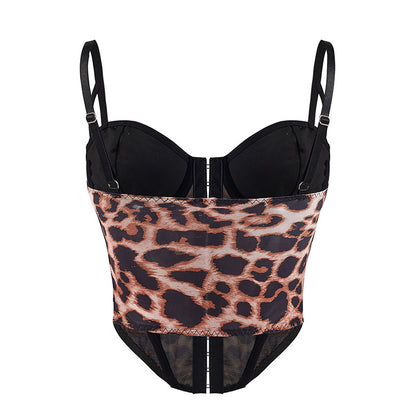 Women Clothes;Crop Tops;Leopard Print;Sexy Women Casual Dating Leopard Print Breast Cup With Underwire Embellished Corset Top,Sexy Bra Costume Tank Top