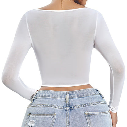 Women's Soft Mesh Lace Long Sleeve Tops Sexy V-Neck Going Out Bustier Trendy Slim Fit T Shirt Blouse