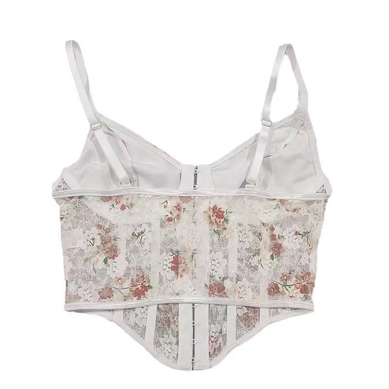 Corset Tops,Women Sexy Corsets Elegant Apricot Floral Lace Bustier Corset Top Summer Slim Spaghetti Straps Boned Push Up Crop Tops Bra Y2K See Through Camis Vest Streetwear