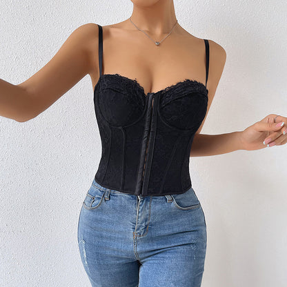Women's Shapewear Summer Casual Solid Color V-Neck Button Down Scalloped Backless Lace Stitching Strappy Crop Top