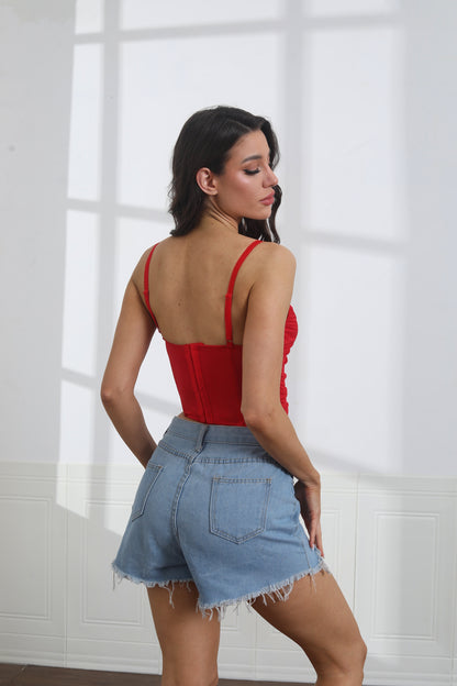 Women's Sexy Lace Trim Spaghetti Strap Bustier Cami Crop Tops