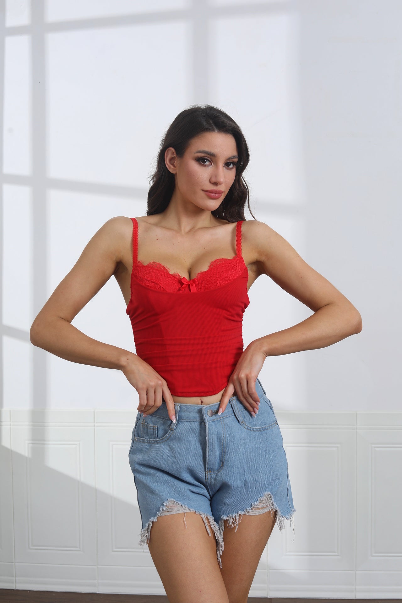 Women's Sexy Lace Trim Spaghetti Strap Bustier Cami Crop Tops