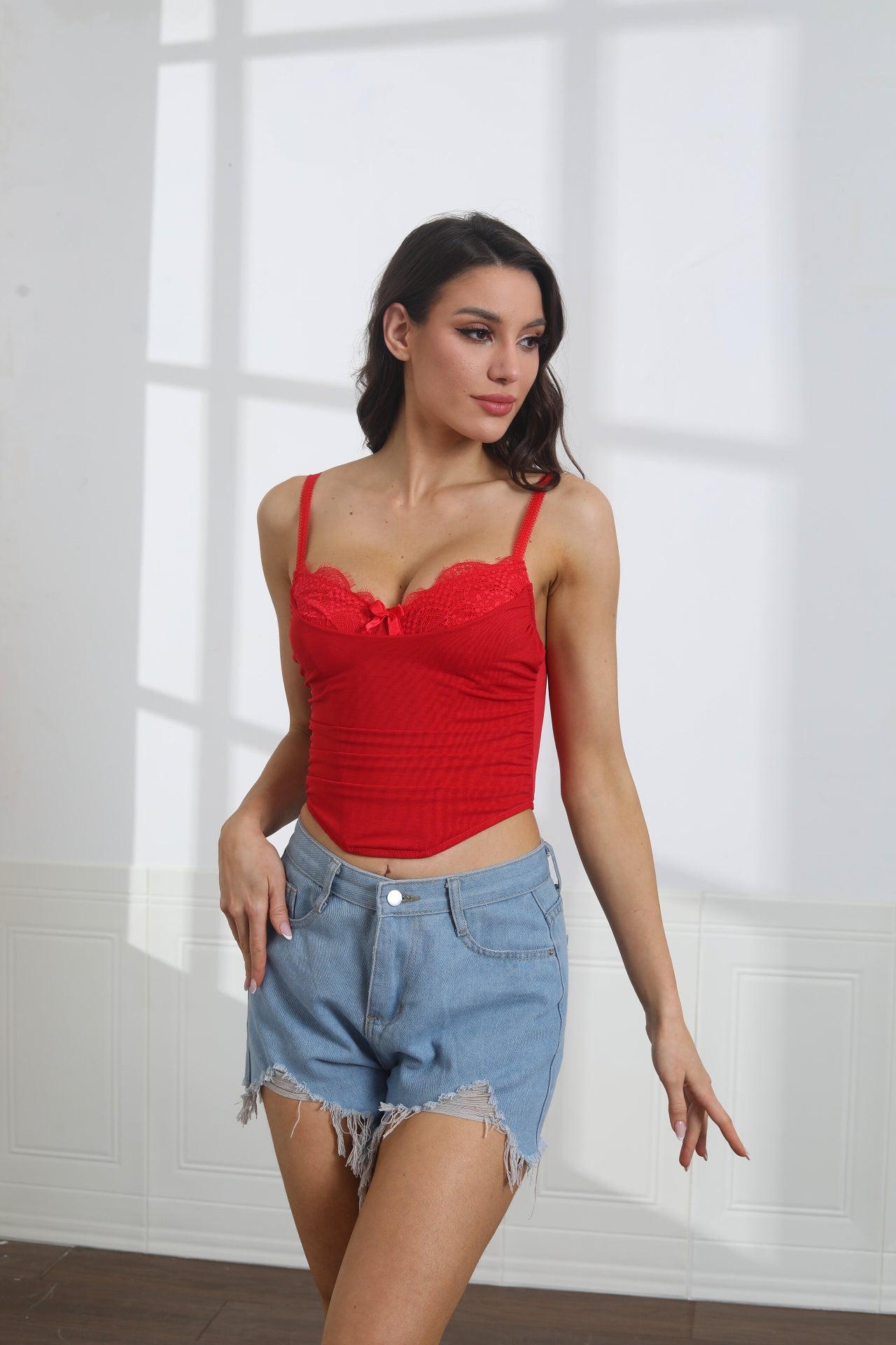Women's Sexy Lace Trim Spaghetti Strap Bustier Cami Crop Tops