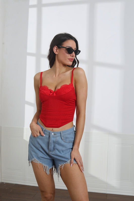 Women's Sexy Lace Trim Spaghetti Strap Bustier Cami Crop Tops