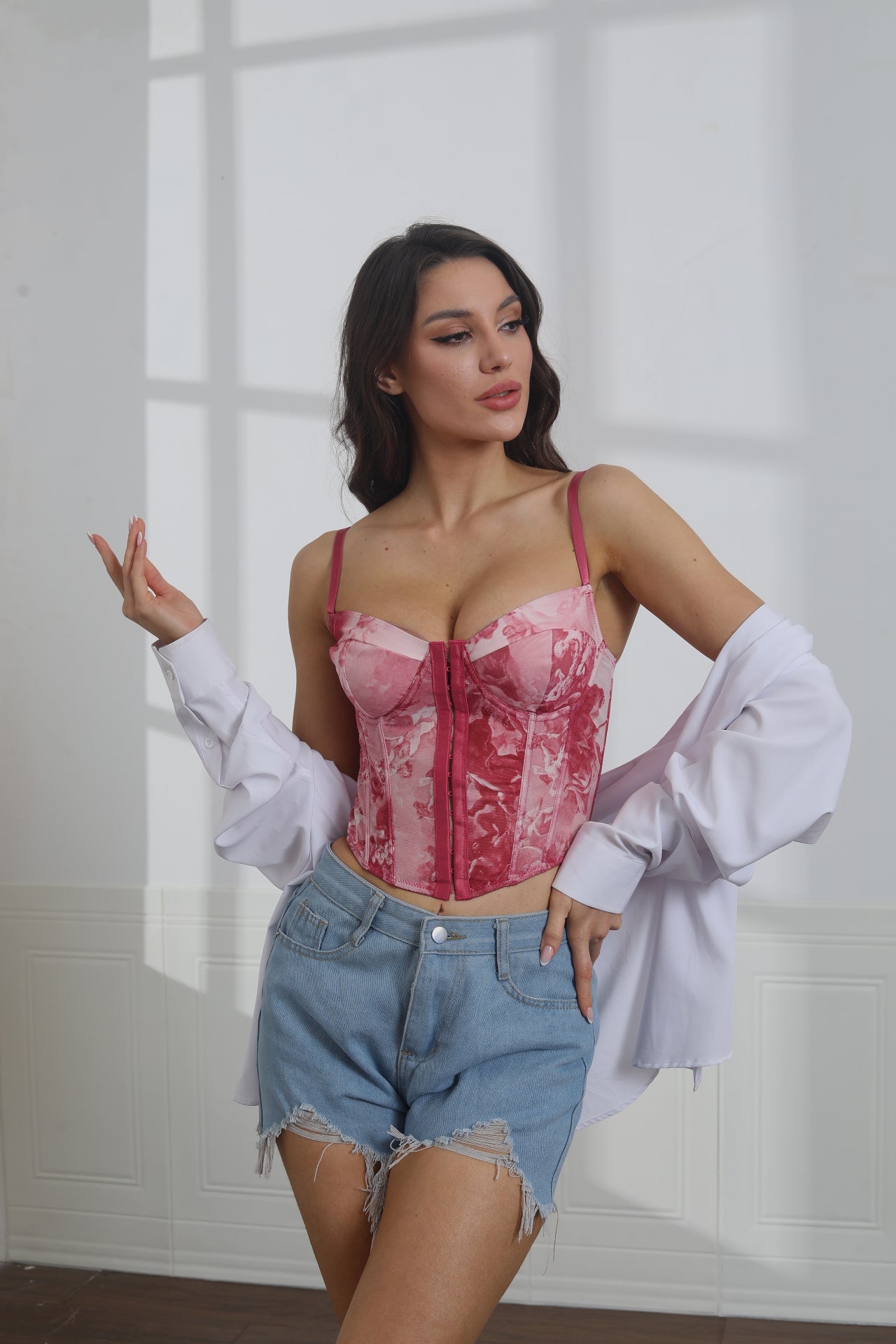 Waist three-dimensional steel ring slim small camisole print sexy fishbone body shaping bra vest top