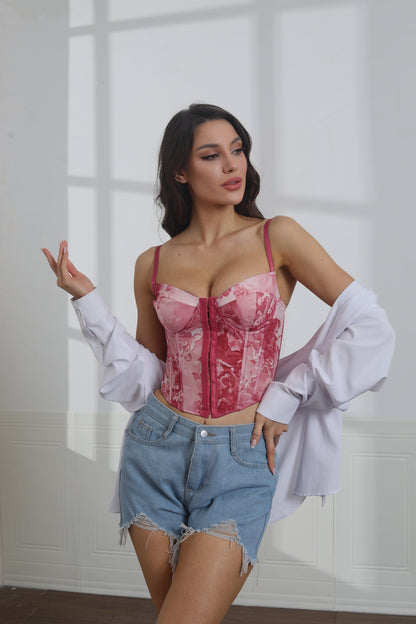 Waist three-dimensional steel ring slim small camisole print sexy fishbone body shaping bra vest top