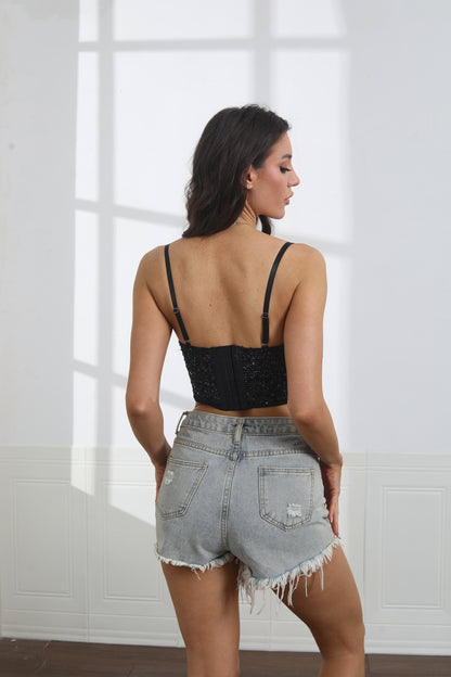Women Push Up Bustier Rhinestone Diamond Glitter Spaghetti Strap Corset Crop Top