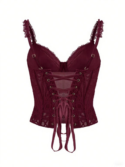 1pc  Textured Sheer Floral Lace Corset Hollowed Out Bustier Cute Crop Top For Daily Wear/Party/Wedding Cami Top