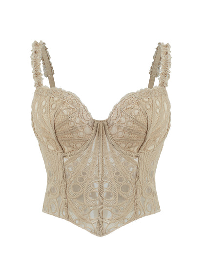 1pc  Textured Sheer Floral Lace Corset Hollowed Out Bustier Cute Crop Top For Daily Wear/Party/Wedding Cami Top