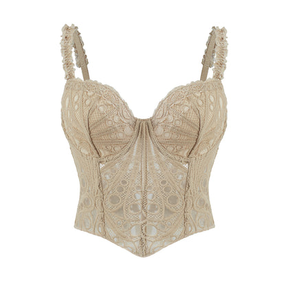 1pc  Textured Sheer Floral Lace Corset Hollowed Out Bustier Cute Crop Top For Daily Wear/Party/Wedding Cami Top