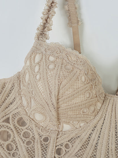 1pc  Textured Sheer Floral Lace Corset Hollowed Out Bustier Cute Crop Top For Daily Wear/Party/Wedding Cami Top