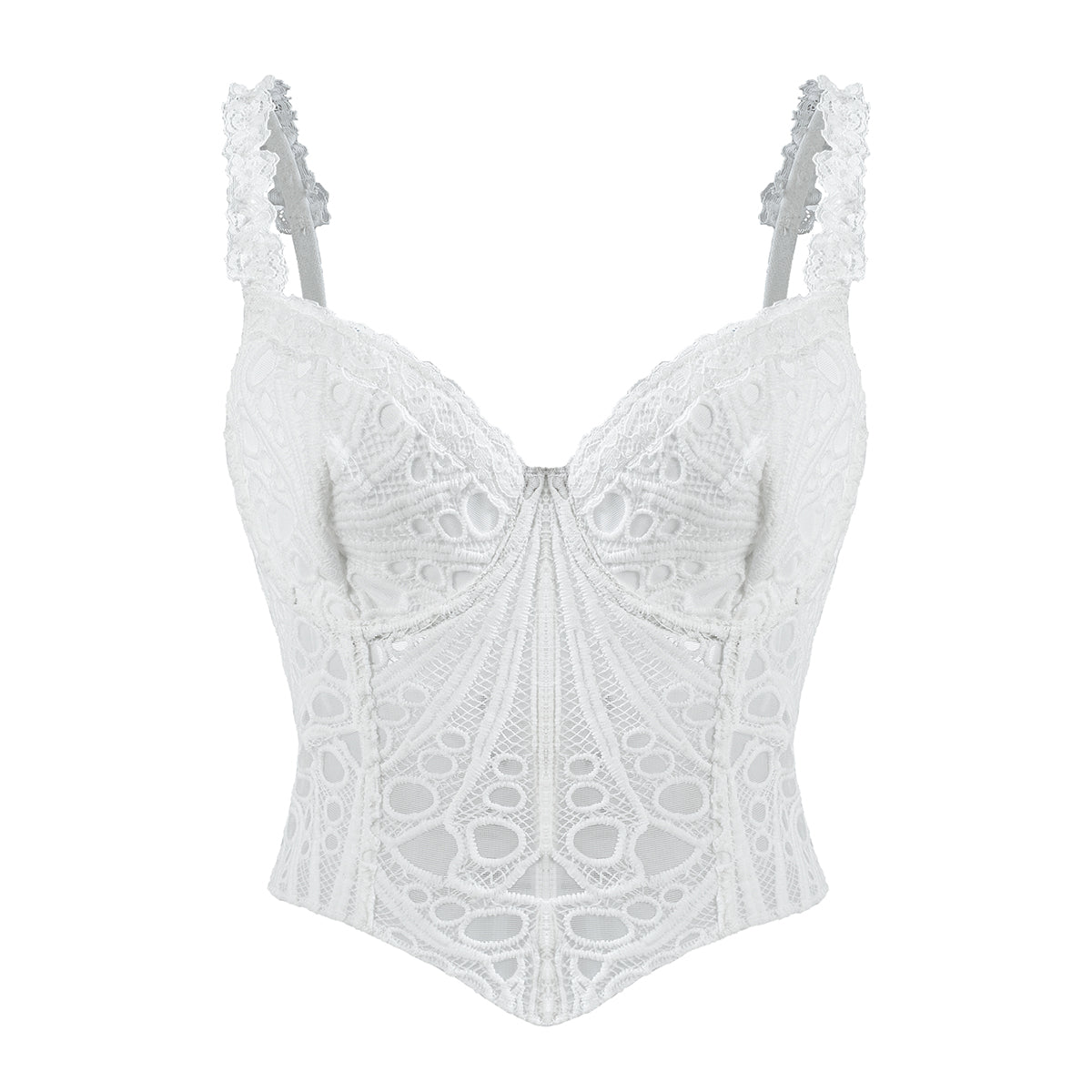 1pc  Textured Sheer Floral Lace Corset Hollowed Out Bustier Cute Crop Top For Daily Wear/Party/Wedding Cami Top