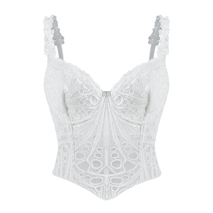 1pc  Textured Sheer Floral Lace Corset Hollowed Out Bustier Cute Crop Top For Daily Wear/Party/Wedding Cami Top