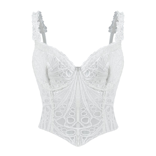 1pc  Textured Sheer Floral Lace Corset Hollowed Out Bustier Cute Crop Top For Daily Wear/Party/Wedding Cami Top
