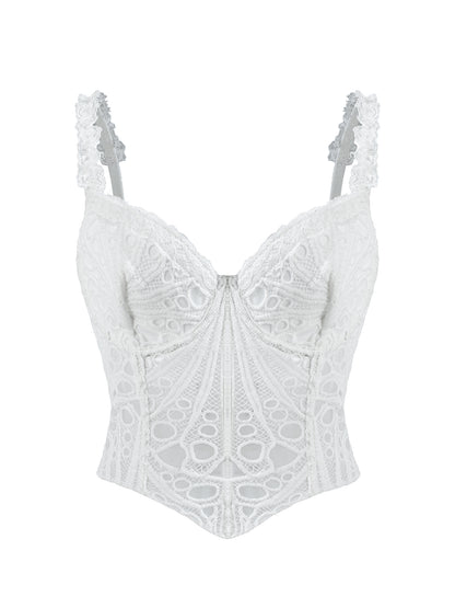 1pc  Textured Sheer Floral Lace Corset Hollowed Out Bustier Cute Crop Top For Daily Wear/Party/Wedding Cami Top