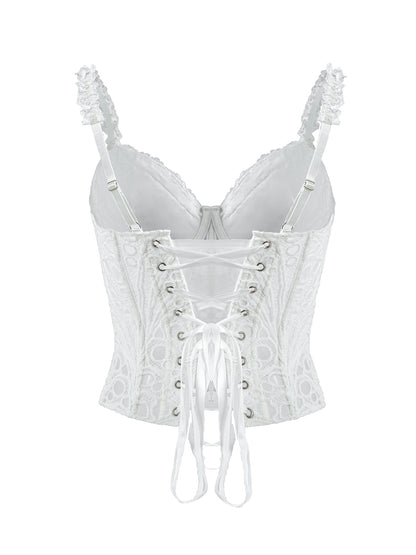 1pc  Textured Sheer Floral Lace Corset Hollowed Out Bustier Cute Crop Top For Daily Wear/Party/Wedding Cami Top
