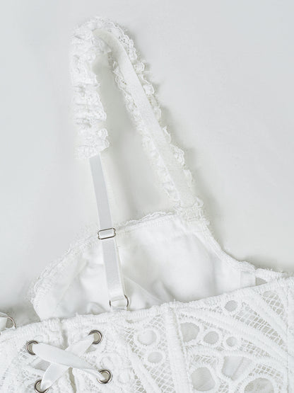 1pc  Textured Sheer Floral Lace Corset Hollowed Out Bustier Cute Crop Top For Daily Wear/Party/Wedding Cami Top