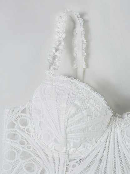 1pc  Textured Sheer Floral Lace Corset Hollowed Out Bustier Cute Crop Top For Daily Wear/Party/Wedding Cami Top