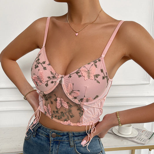 Women's Floral Lace Cami Crop Top Spaghetti Strap Sheer Mesh Corset Bustier Tops Bralette