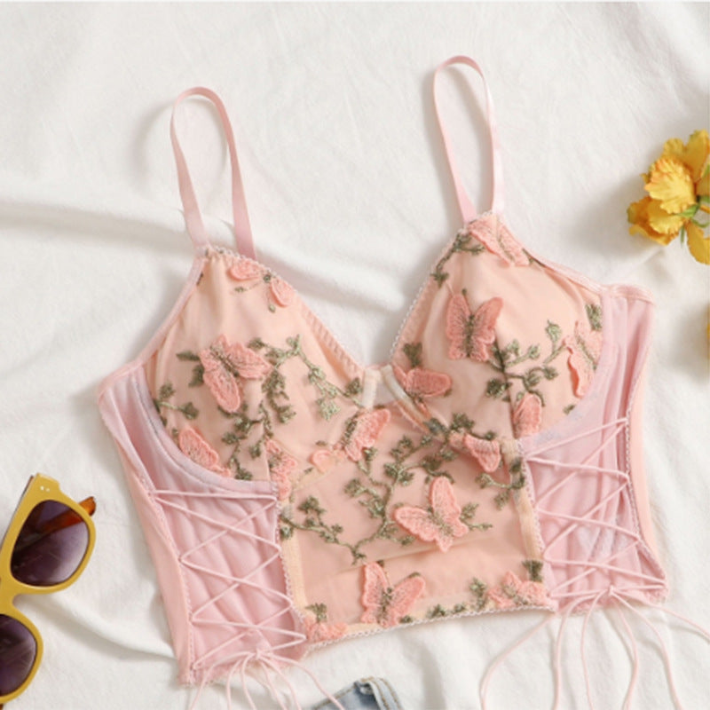Women's Floral Lace Cami Crop Top Spaghetti Strap Sheer Mesh Corset Bustier Tops Bralette