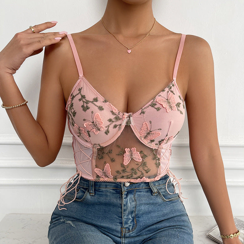 Women's Floral Lace Cami Crop Top Spaghetti Strap Sheer Mesh Corset Bustier Tops Bralette
