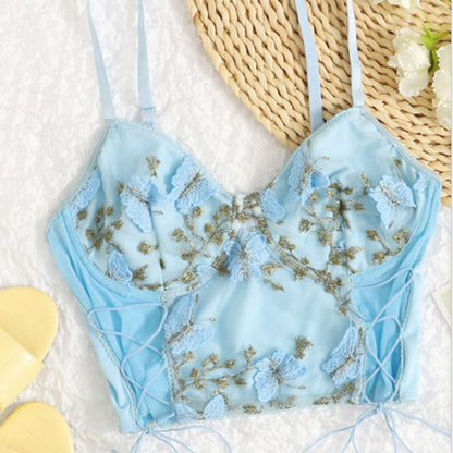 Women's Floral Lace Cami Crop Top Spaghetti Strap Sheer Mesh Corset Bustier Tops Bralette