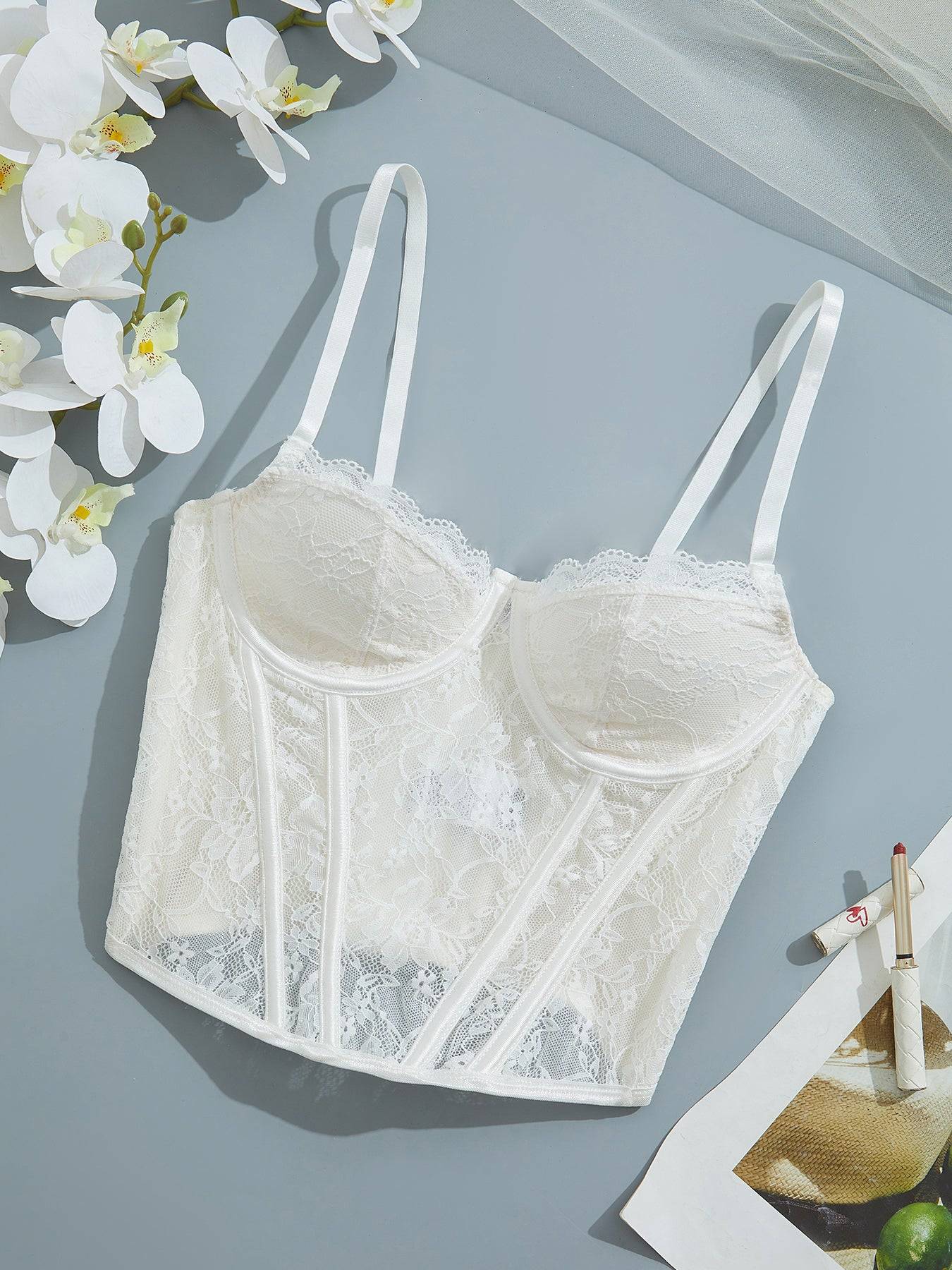 Plain Lace Elegant Fishbone Support Corset Bustier Adjustable Back Buckle Spaghetti Strap Tummy Control Cami Body Shaper Women's Lingerie & Shapewear