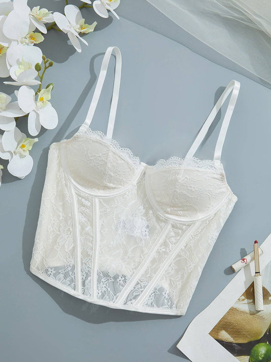 Plain Lace Elegant Fishbone Support Corset Bustier Adjustable Back Buckle Spaghetti Strap Tummy Control Cami Body Shaper Women's Lingerie & Shapewear