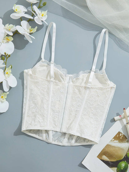 Plain Lace Elegant Fishbone Support Corset Bustier Adjustable Back Buckle Spaghetti Strap Tummy Control Cami Body Shaper Women's Lingerie & Shapewear