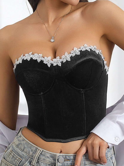 Women's Shapewear Casual Floral Decor Tube Top With Criss-Cross Back And Rhinestones