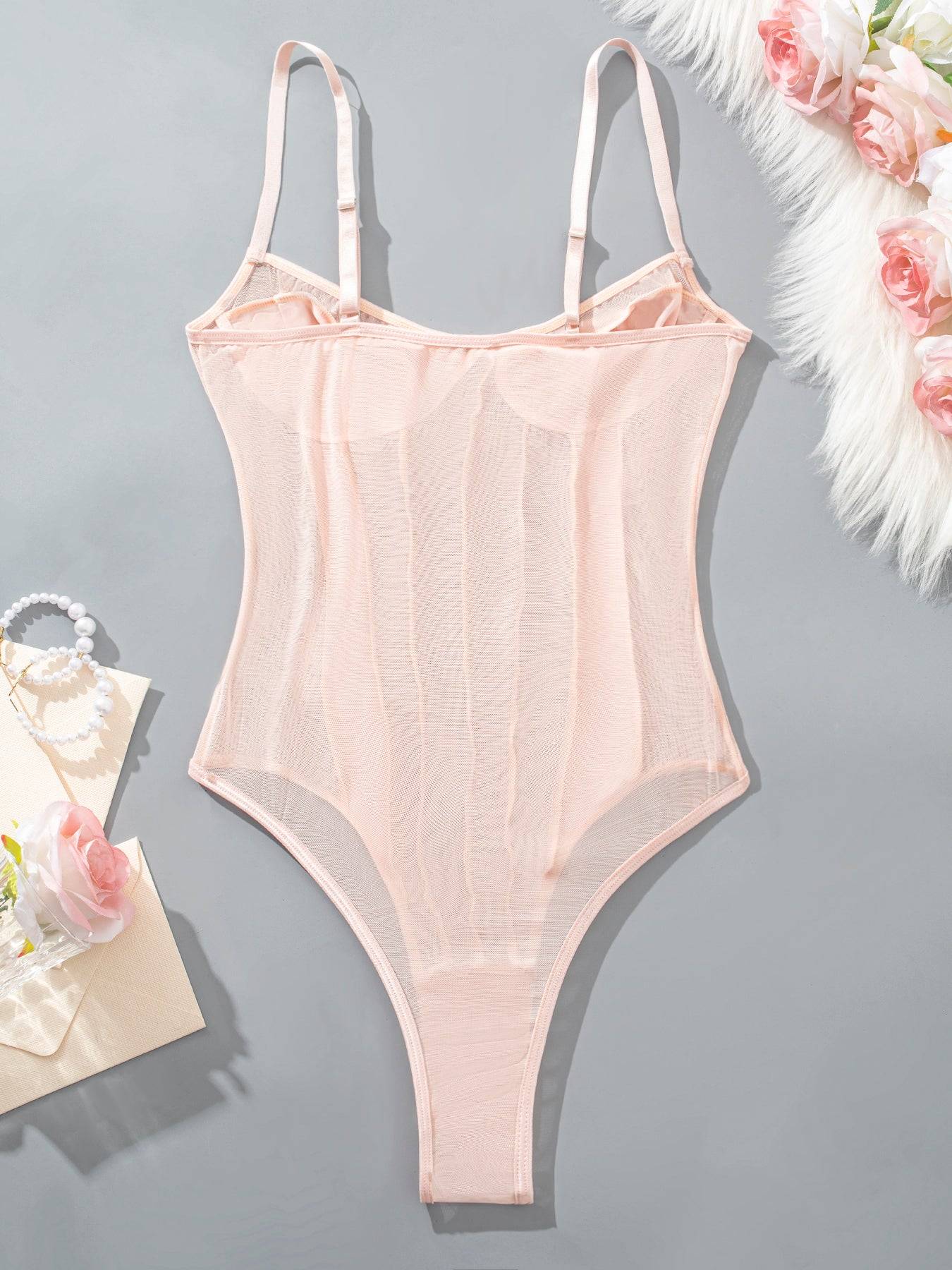Women's V neck Backless Sheer Lace Bodysuit Sexy Mesh T Shirt Jumpsuits Spaghetti Strap See Through Thong Tops Leotard