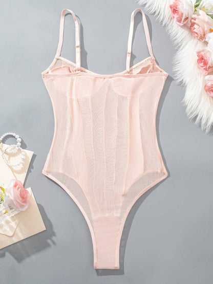 Women's V neck Backless Sheer Lace Bodysuit Sexy Mesh T Shirt Jumpsuits Spaghetti Strap See Through Thong Tops Leotard