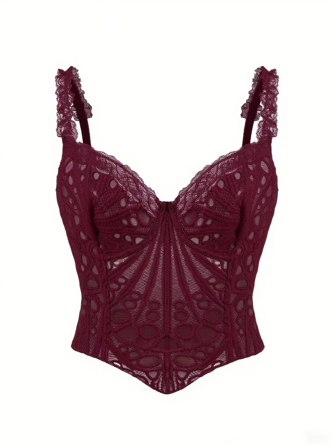 1pc  Textured Sheer Floral Lace Corset Hollowed Out Bustier Cute Crop Top For Daily Wear/Party/Wedding Cami Top