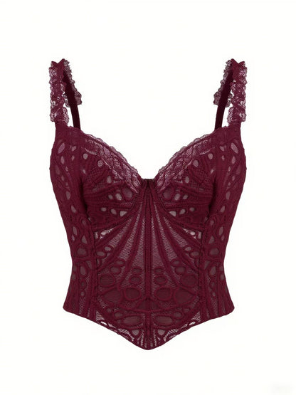 1pc  Textured Sheer Floral Lace Corset Hollowed Out Bustier Cute Crop Top For Daily Wear/Party/Wedding Cami Top