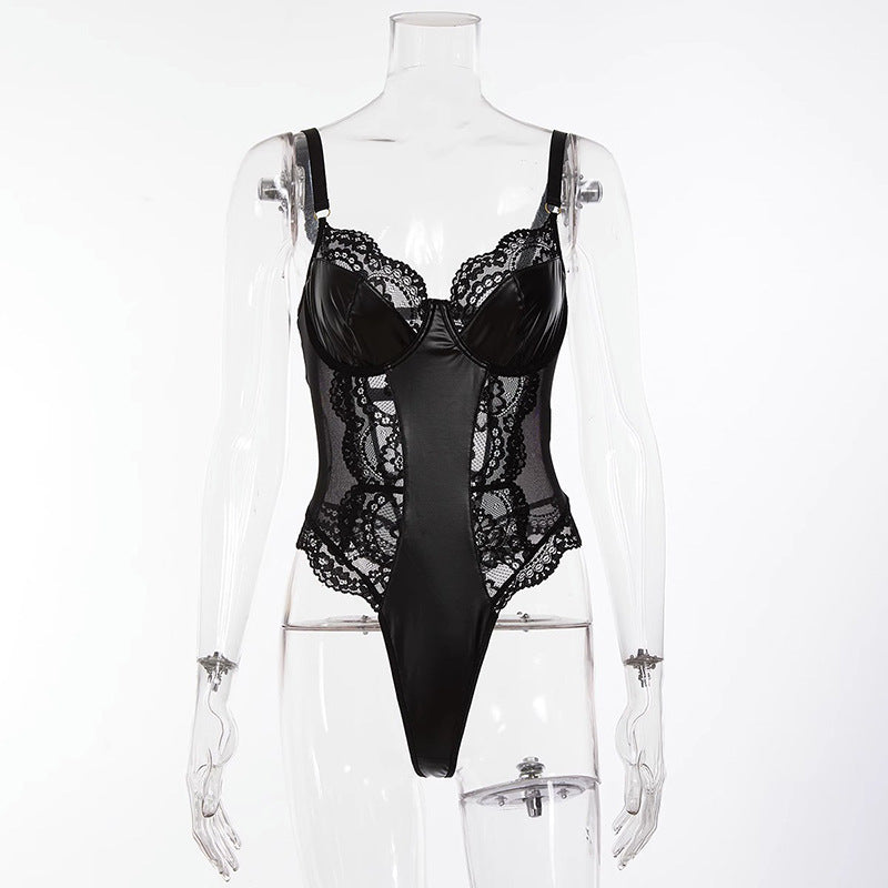 Sexy Lingerie for Women Plus Size Metallic Leather Cut Out Teddy Lingerie Snap Crotch Clubwear Nightie