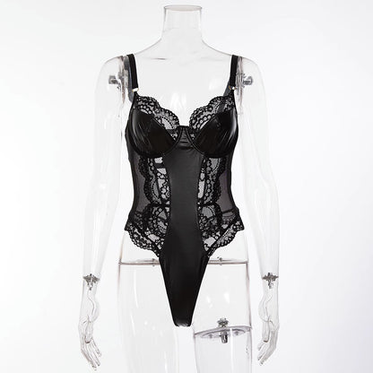 Sexy Lingerie for Women Plus Size Metallic Leather Cut Out Teddy Lingerie Snap Crotch Clubwear Nightie