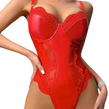 Sexy Lingerie for Women Plus Size Metallic Leather Cut Out Teddy Lingerie Snap Crotch Clubwear Nightie